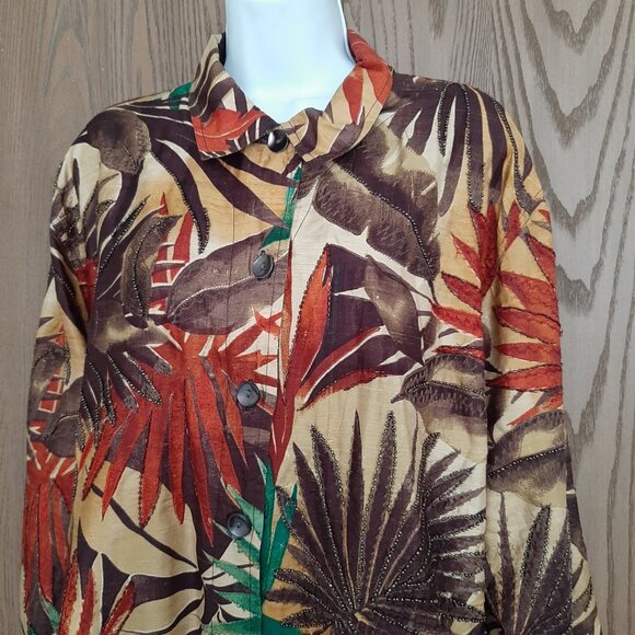 Chico's Design Women's Silk Beaded Leaf Leafy Fall Jacket Size 3 (XL) - Picture 2 of 5